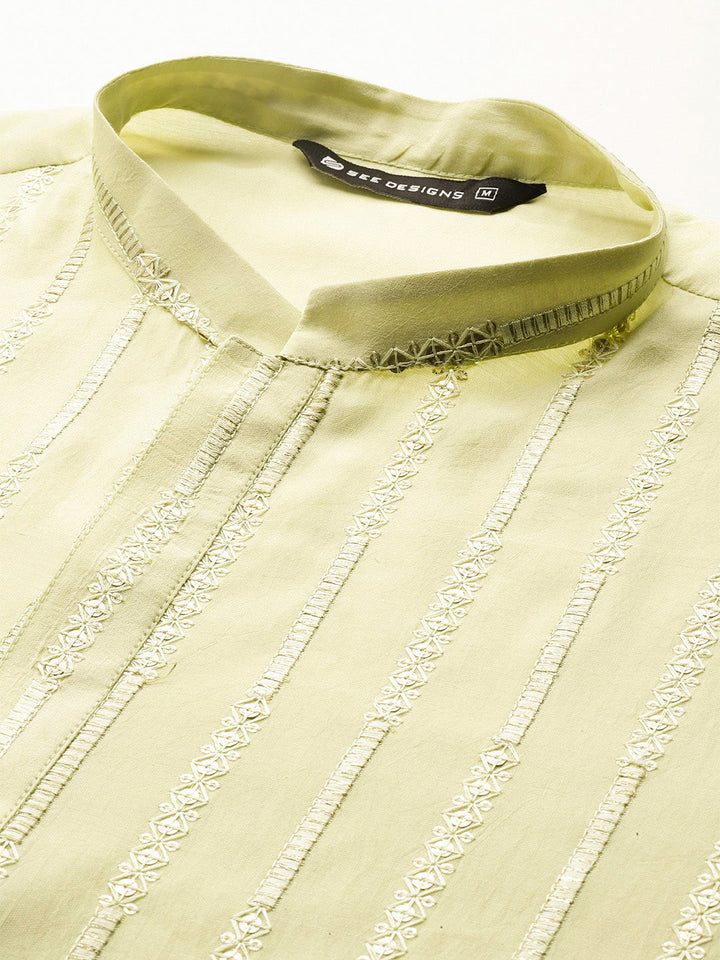 Men's Pista Green Embroidered Thread Work Sequined Chanderi Silk Kurta