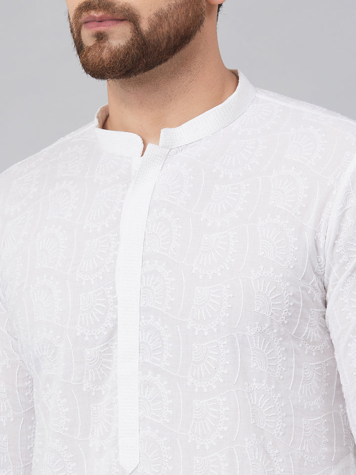 Men White Chikankari Embroidered Woven Design Straight Kurta