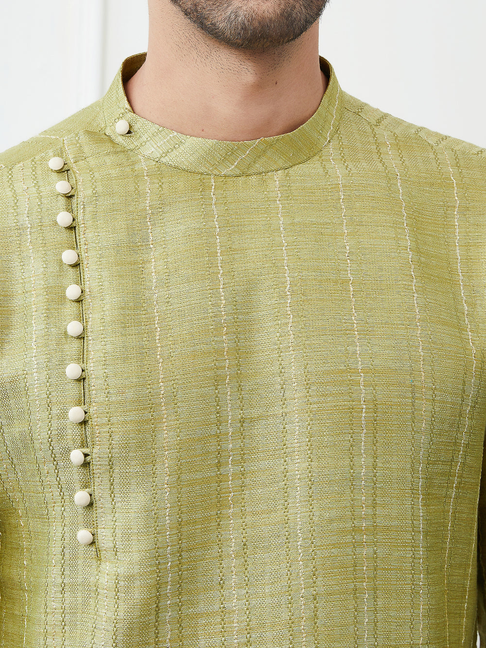 Thread Worked Pure Cotton Straight Kurta with Pyjama – Olive