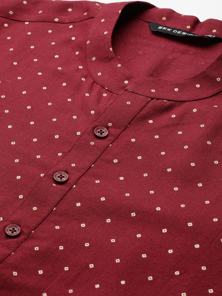 Men Maroon & Gold Printed Straight Kurta With Pyjama