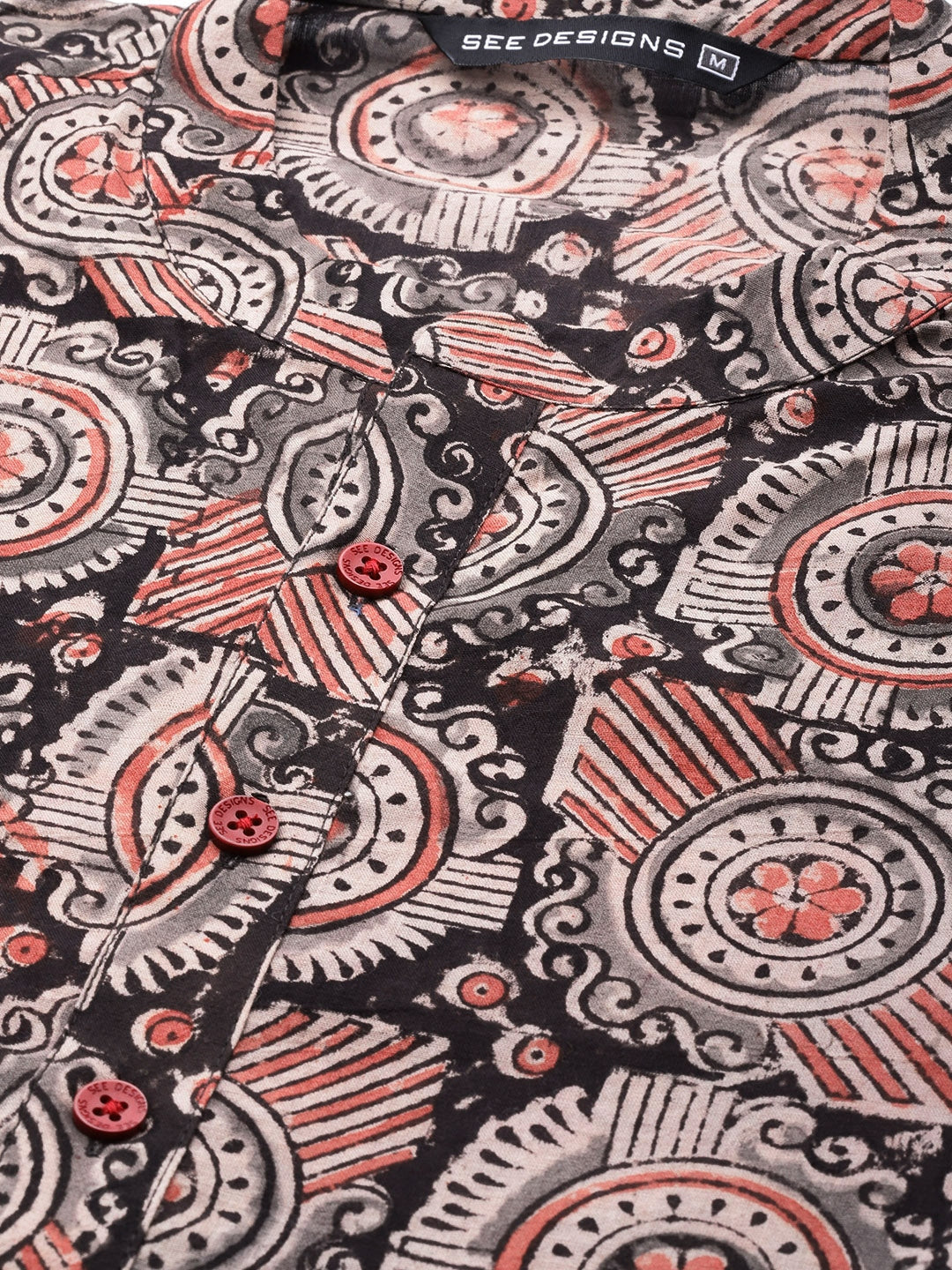 Men Beige And Black Kalamkari Block Printed Straight Sustainable Kurta