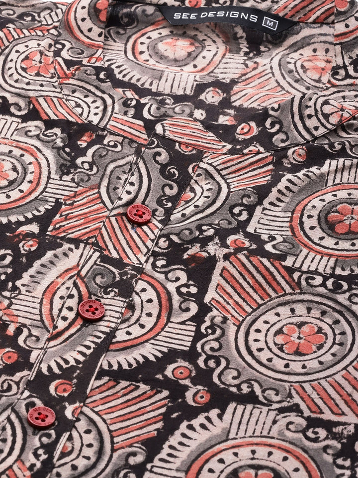 Men Beige And Black Kalamkari Block Printed Straight Sustainable Kurta