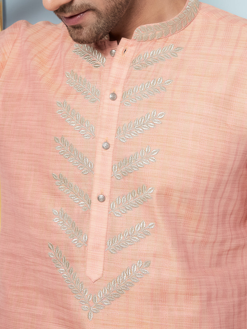 Pure Cotton Straight Kurta with Embroidered Neck Design and Pyjama – Peach