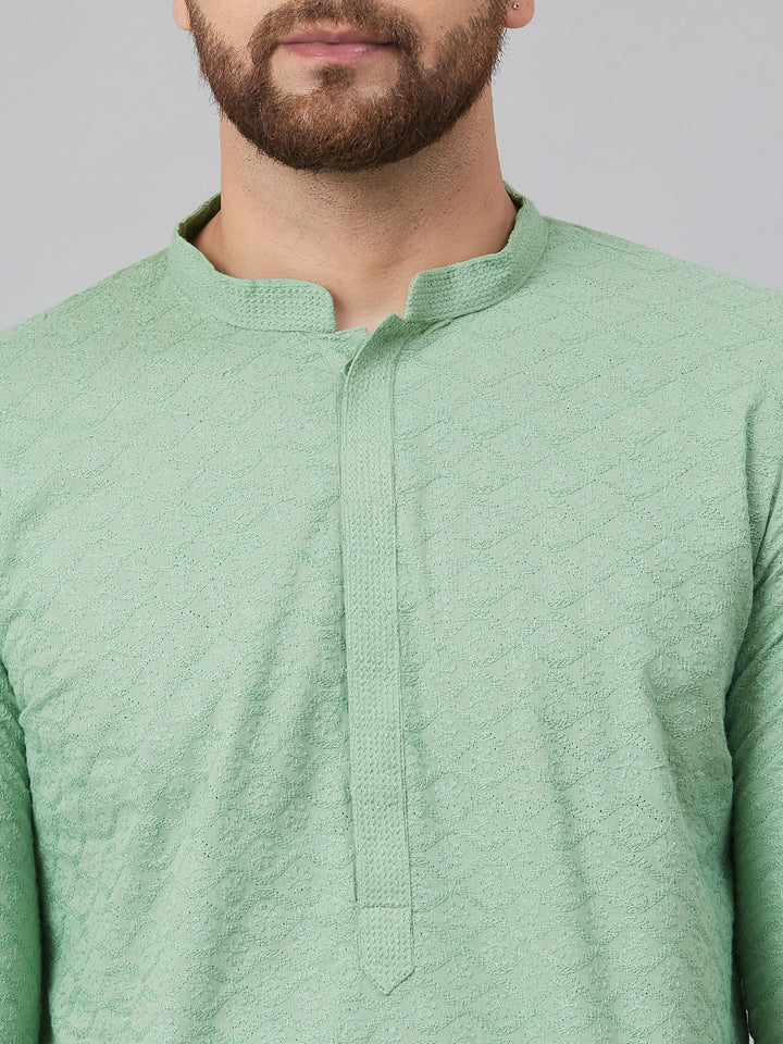 Men Green Chikankari Embroidered Woven Design Straight Kurta
