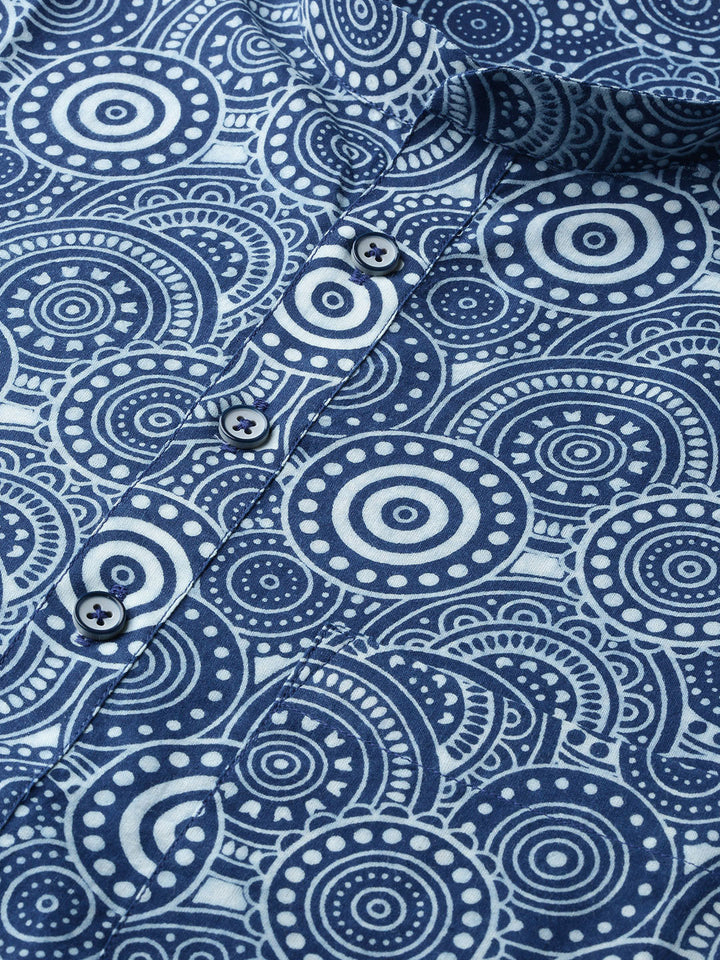 Men Blue Indigo Hand Block Print Straight Sustainable Kurta With Pyjama