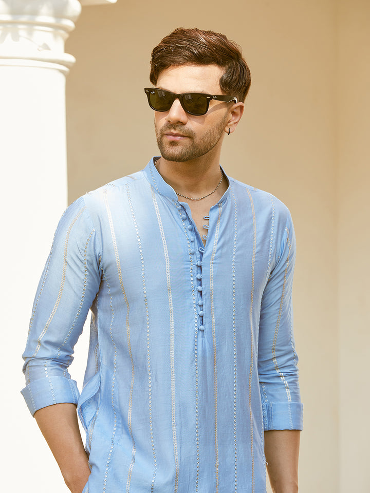 Sequins Embroidered Pure Chanderi Silk Straight Kurta with Pyjama