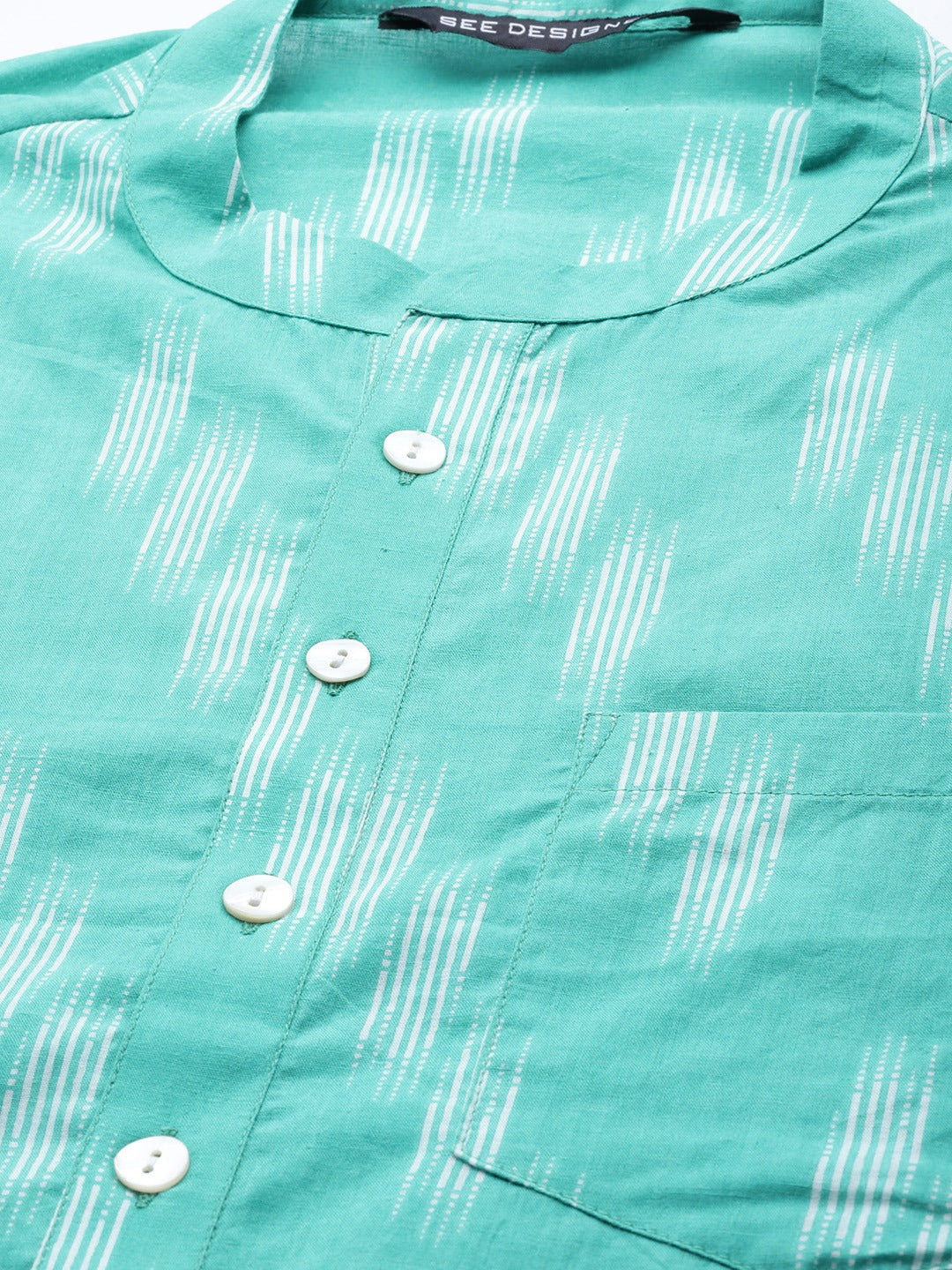 Men Turquoise Blue And White Printed Straight Kurta