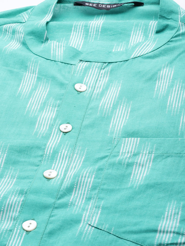 Men Turquoise Blue And White Printed Straight Kurta