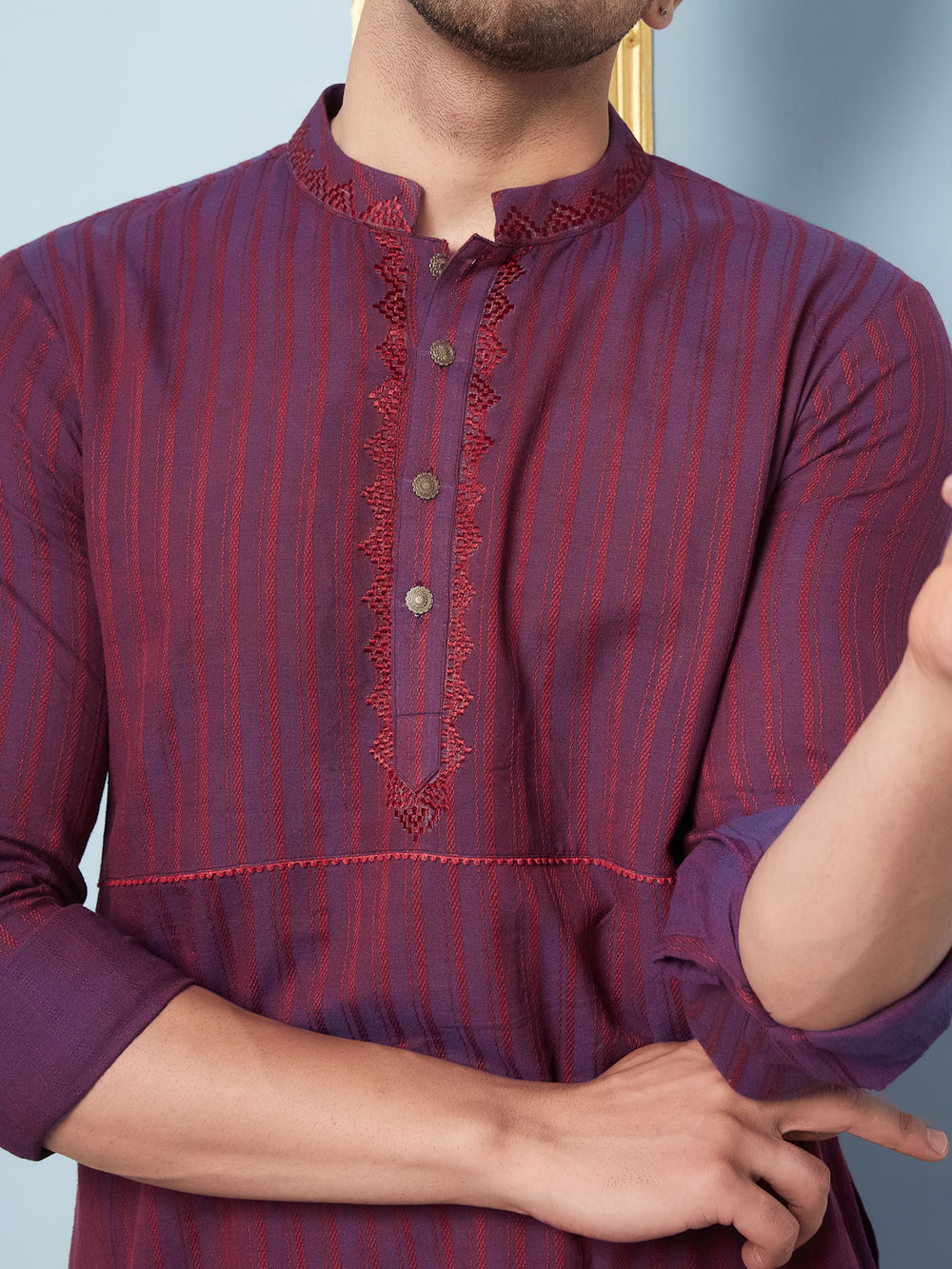Straight Cotton Silk Kurta with Embroidered Neck Design and Pyjama – Purple