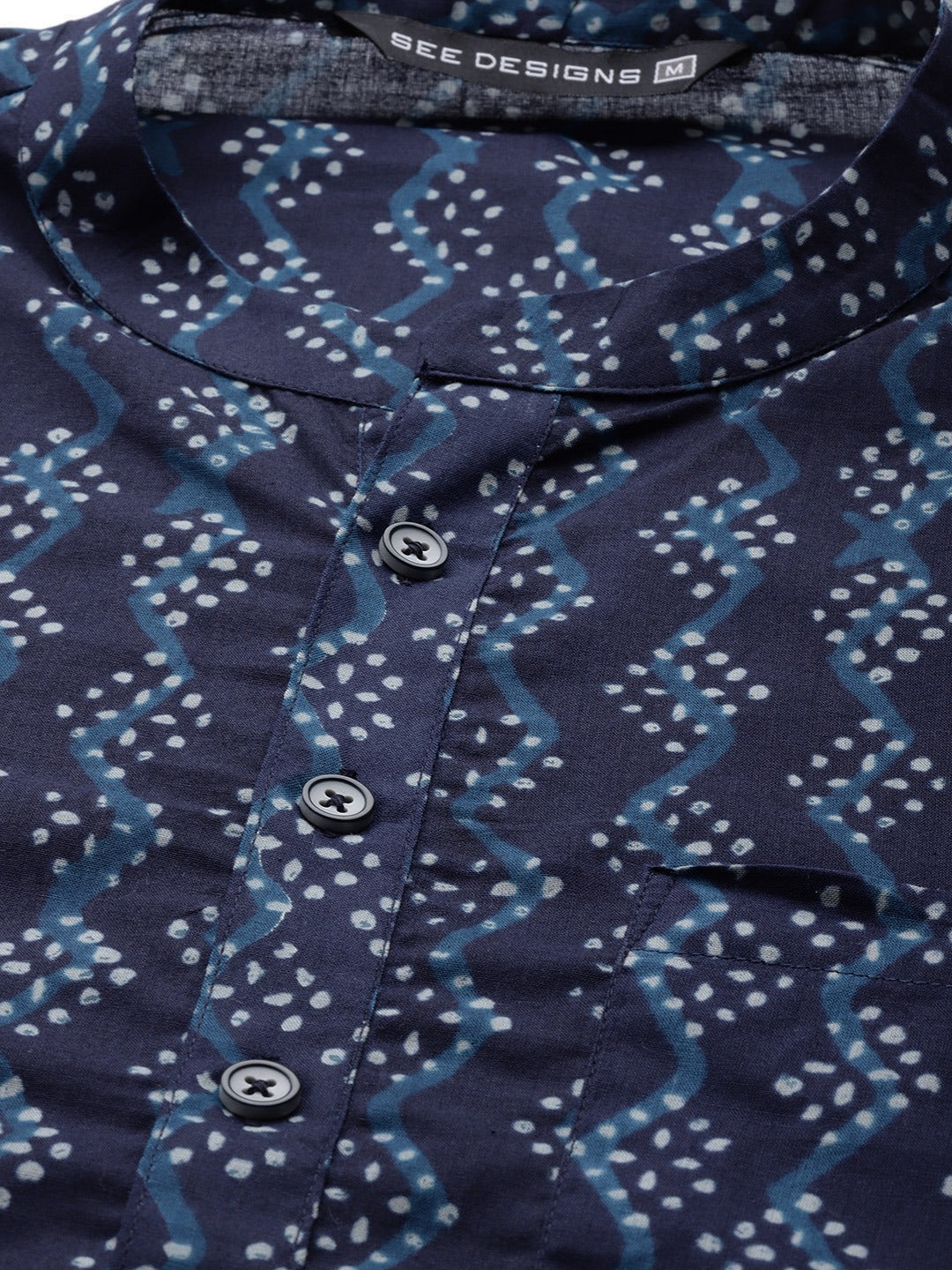 Men Blue And White Printed Straight Kurta With Pyjama