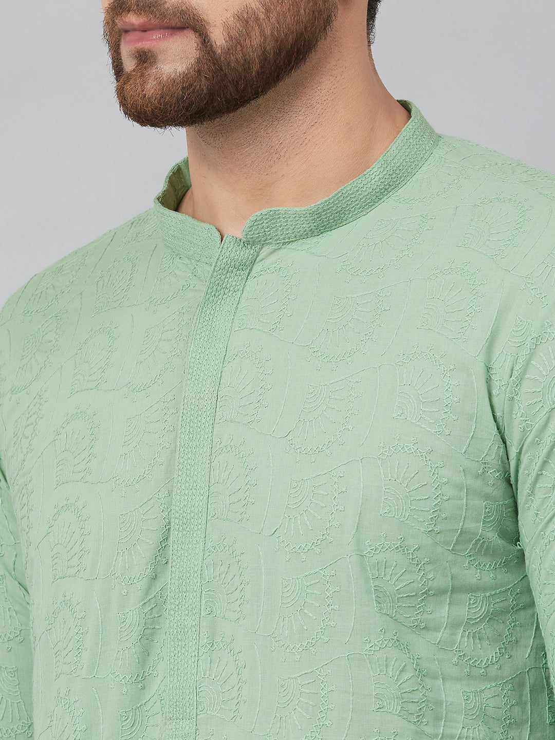 Men Green Chikankari Embroidered Woven Design Straight Kurta With Pyjama