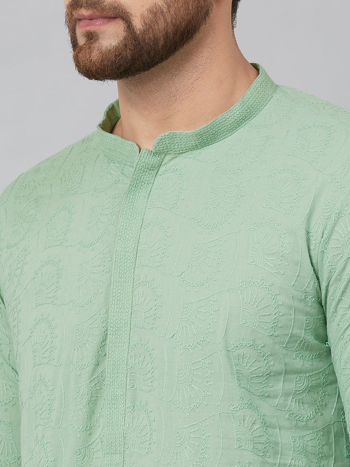Men Green Chikankari Embroidered Woven Design Straight Kurta With Pyjama