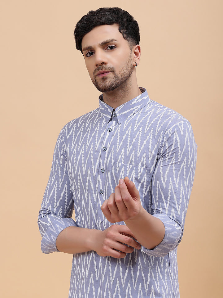 Men Grey & White Pure Cotton Printed Straight Kurta