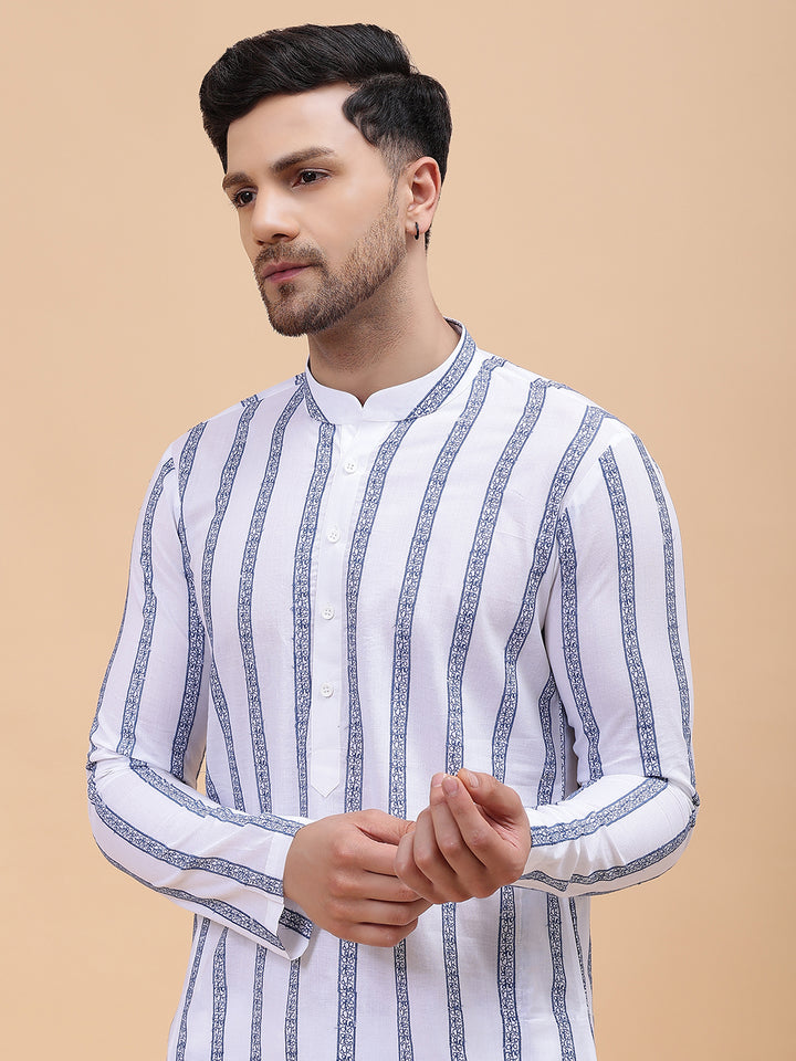 Men White & Grey Pure Cotton Embroidered Straight Kurta
