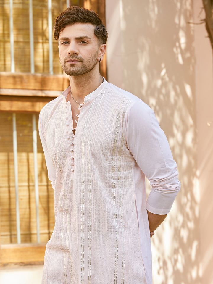 Gota Strips and Thread Worked Pure Cotton Straight Kurta with Pyjama