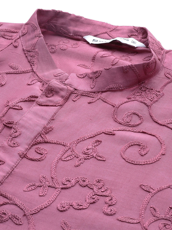 Men's Magenta Embroidered Thread Work Chanderi Silk Straight Kurta