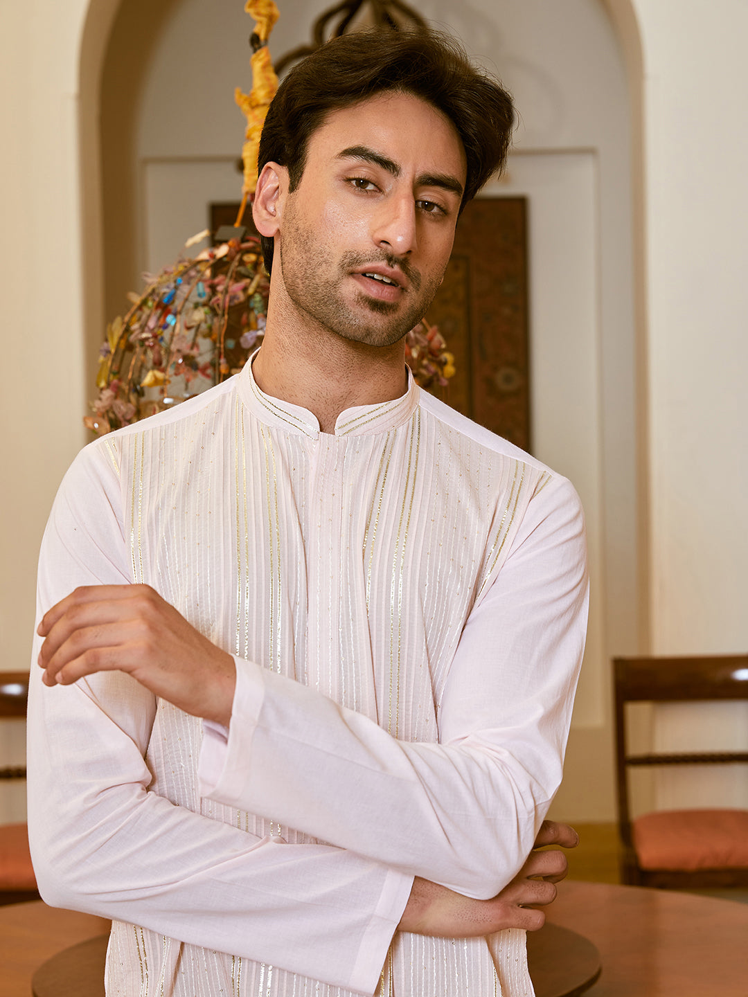 Gota Strips and Sequins Embroidered Pure Cotton Straight Kurta with Pyjama