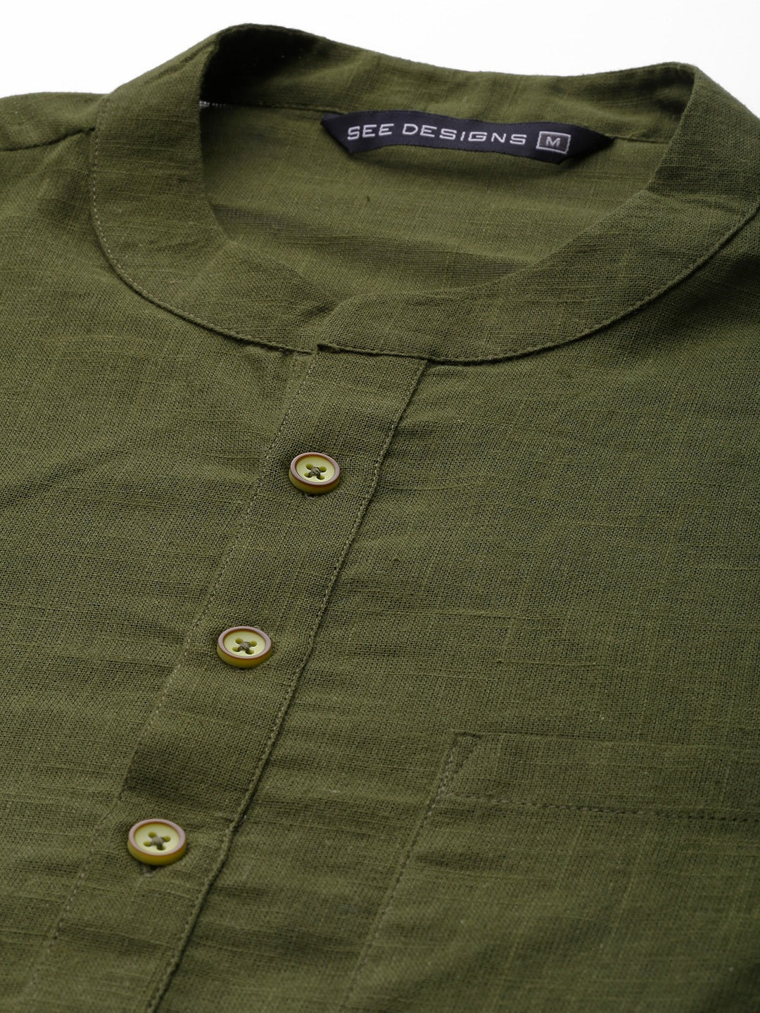 Men Olive Green Cotton Slub Straight Kurta with Pyjama