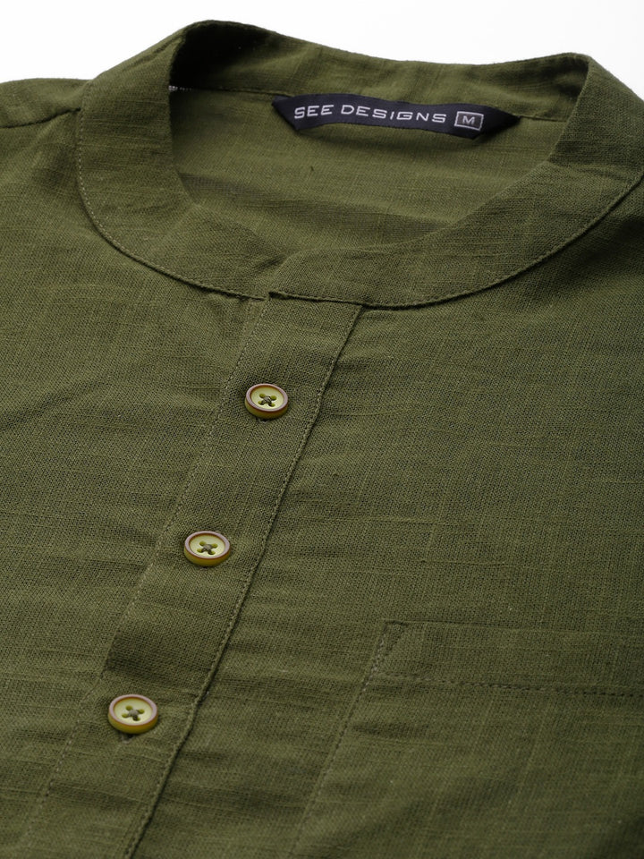 Men Olive Green Cotton Slub Straight Kurta with Pyjama
