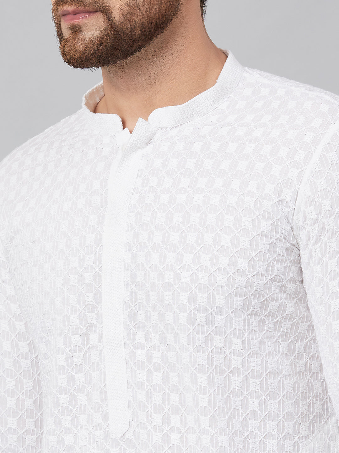 Men White Chikankari Embroidered Woven Design Straight Kurta