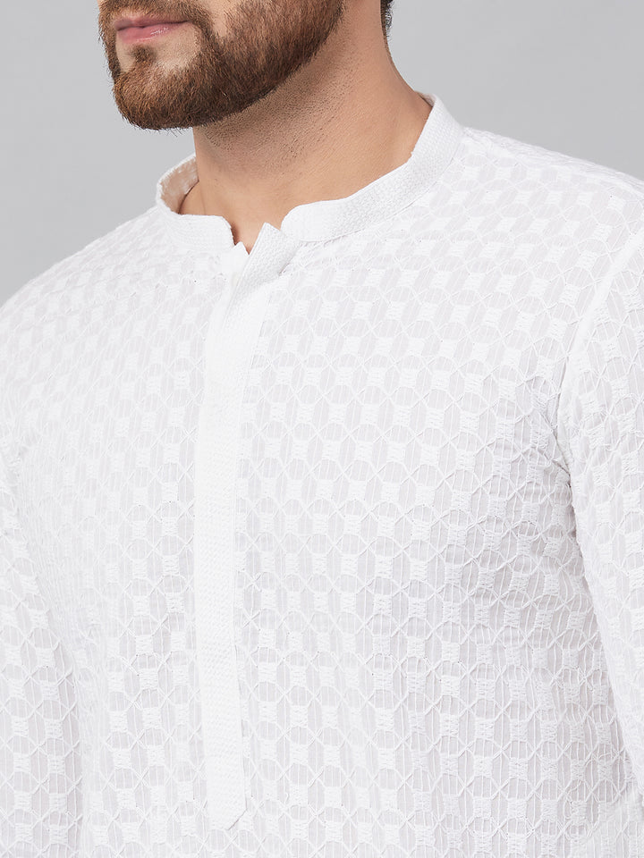 Men White Chikankari Embroidered Woven Design Straight Kurta