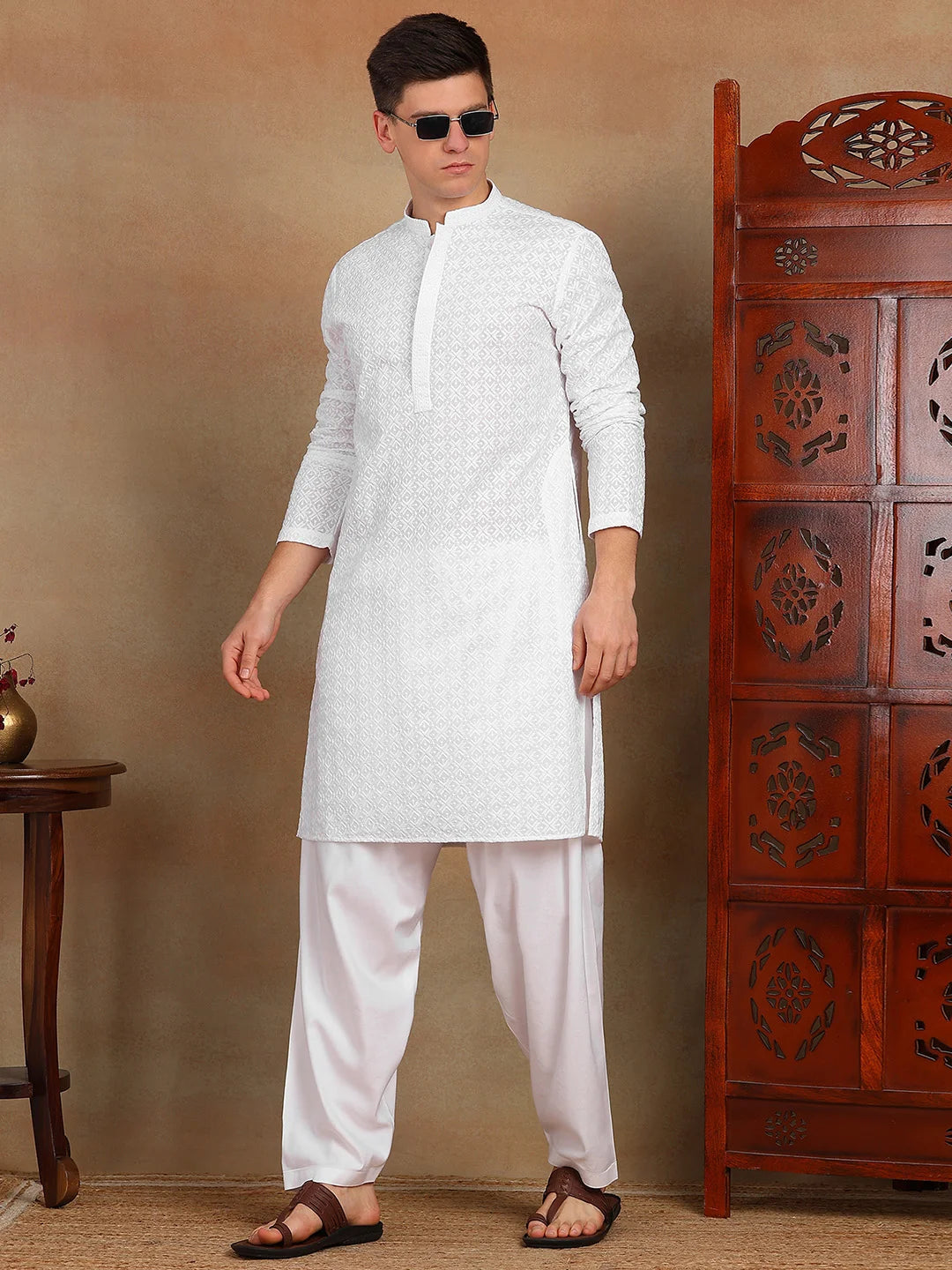 Men White Chikankari Embroidered Straight Kurta with Salwar