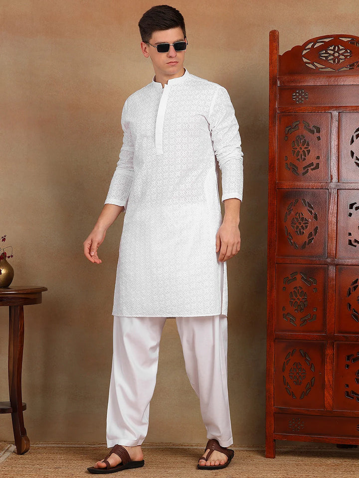 Men White Chikankari Embroidered Straight Kurta with Salwar