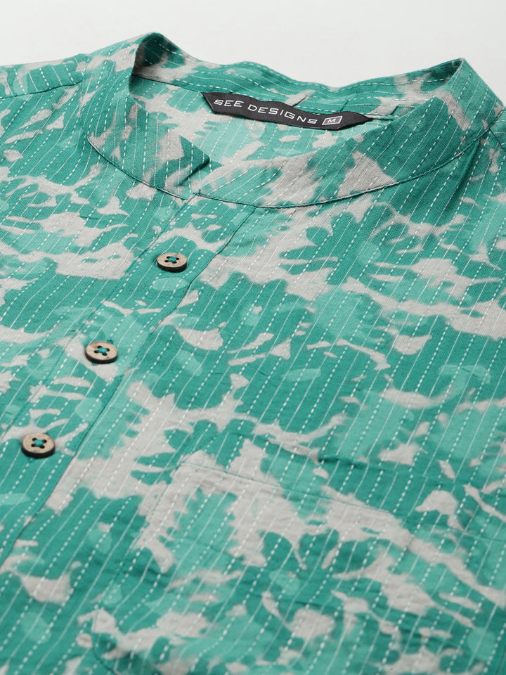 Men Green And Beige Printed Pure Cotton Straight Kurta