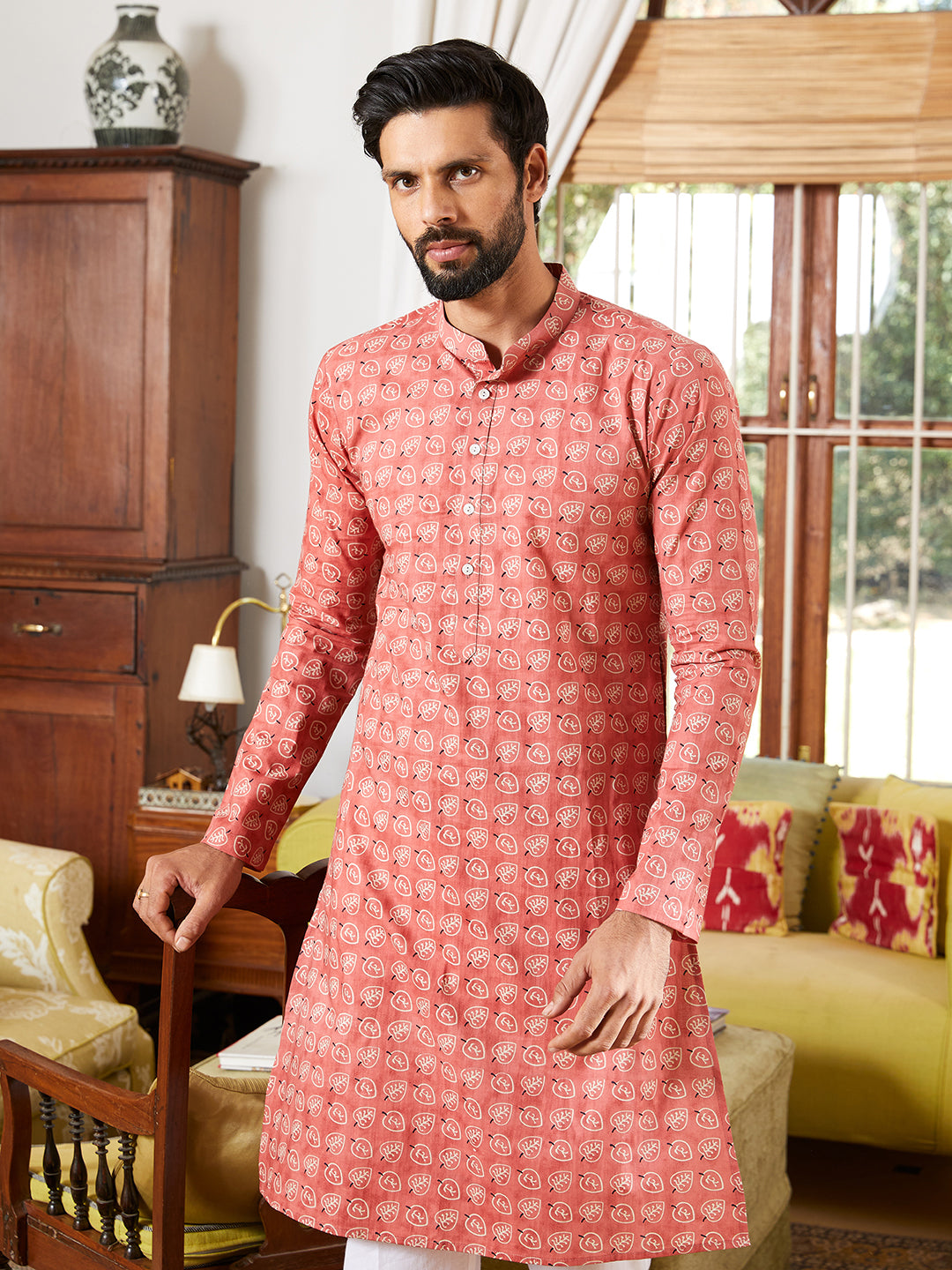 Leaf Printed Pure Cotton Straight Kurta