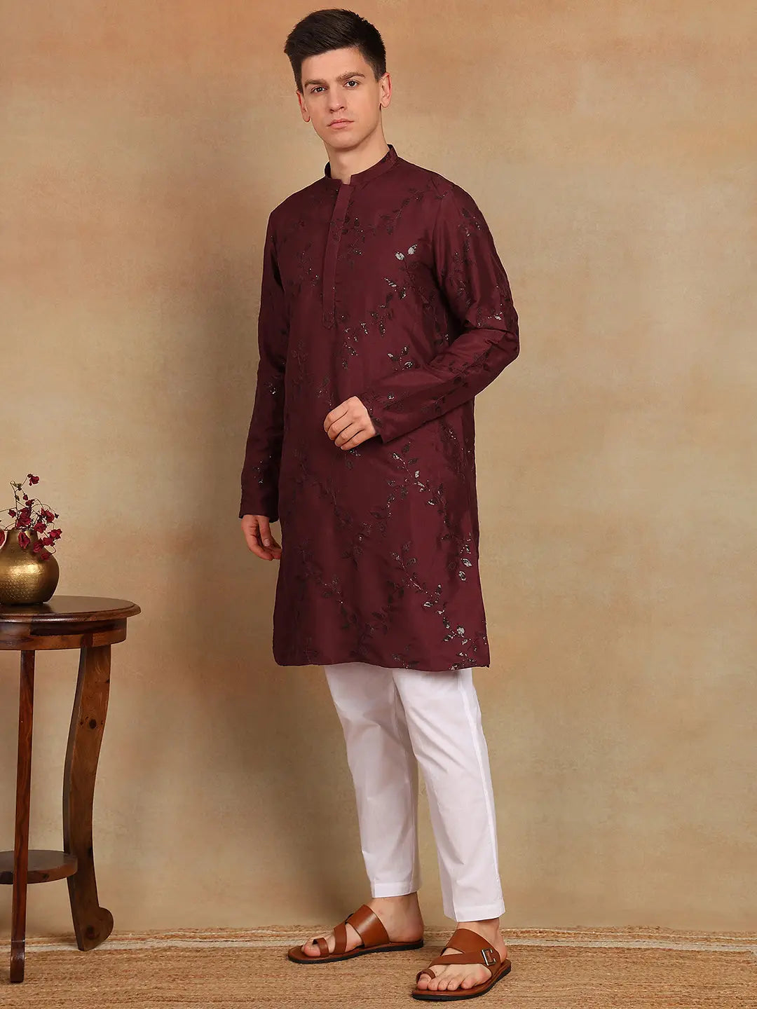 Men Maroon Sequins Leaf Straight Kurta with Pyjama – White