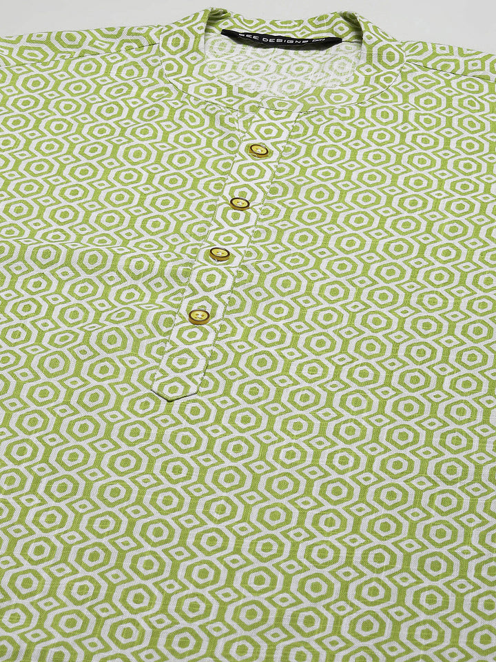Men Lime Green And White Printed Pure Cotton Straight Kurta