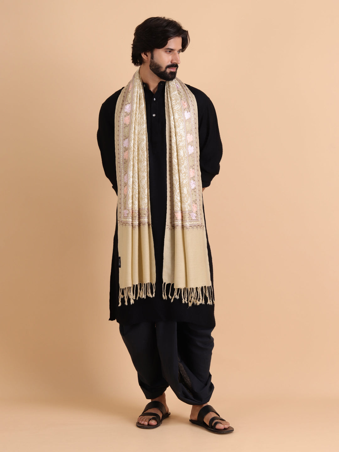 Tweedle Men's Acro Wool Kashmiri Embroidery Stole, Beige, Size - 28 x 80 inches