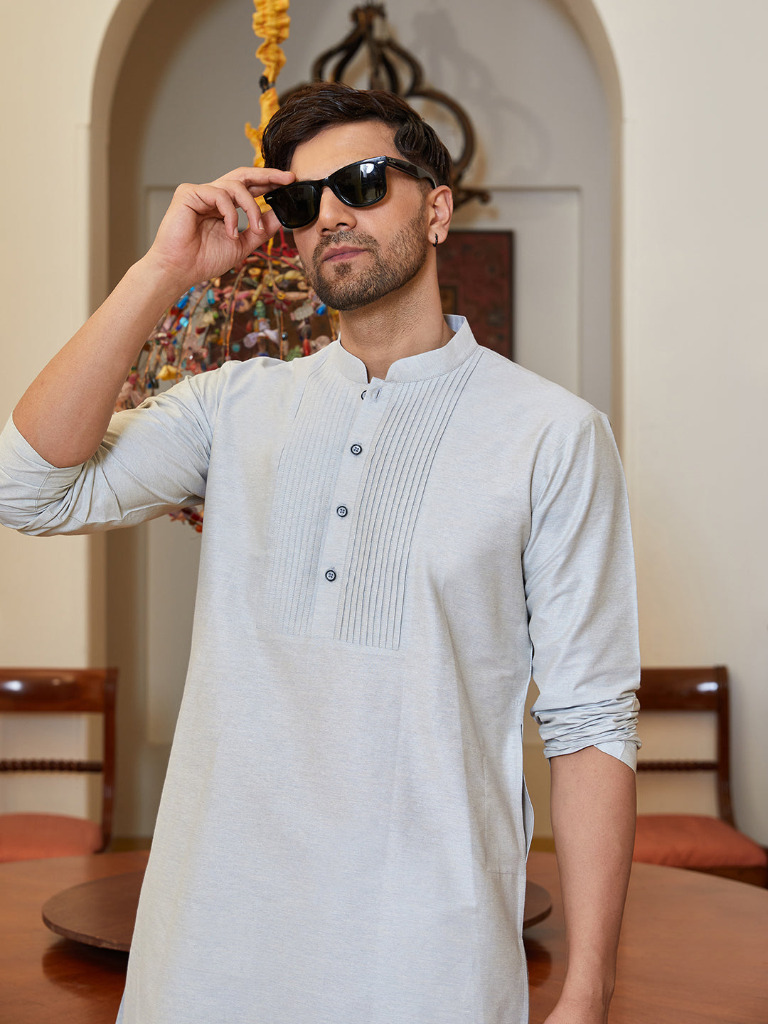 Pintuck Yoke Cotton Silk Straight Kurta