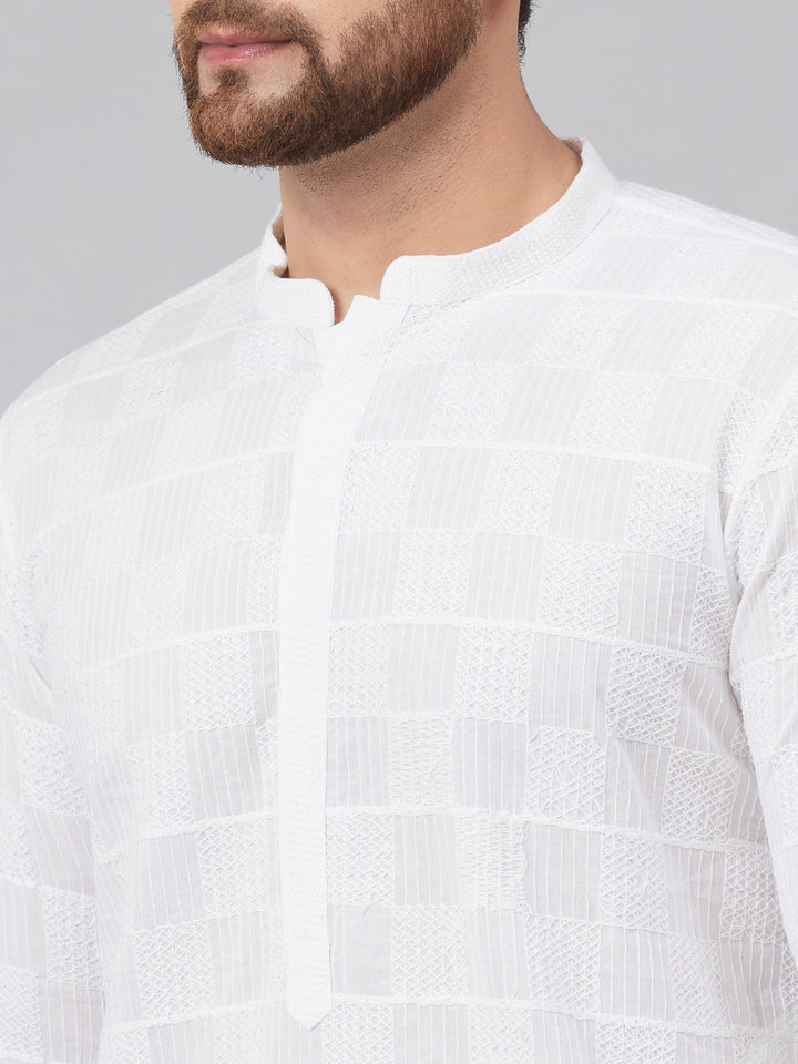 Men White Chikankari Embroidered Woven Design Straight Kurta