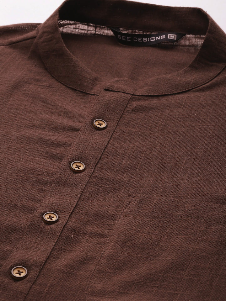 Men Brown Cotton Slub Straight Kurta with Pyjama