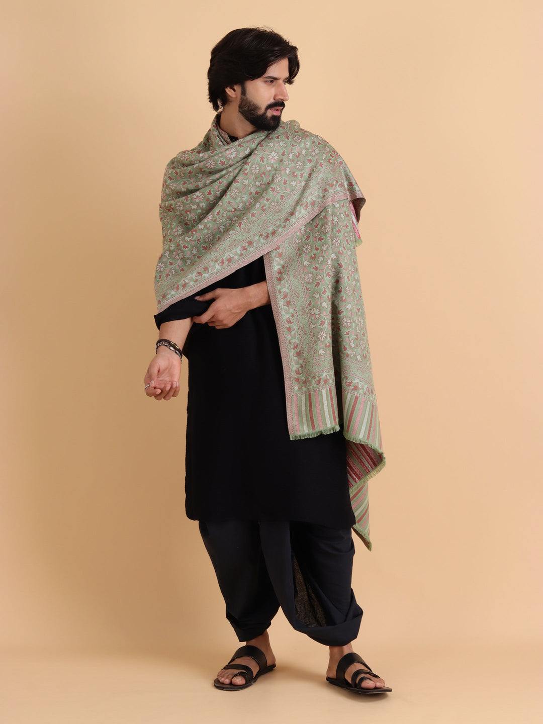 Tweedle Men’s Traditional Kani Shawl for Winters - Olive Green, Size - 40 x 80 inches