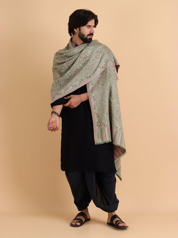 Tweedle Men’s Traditional Kani Shawl for Winters - Olive Green, Size - 40 x 80 inches