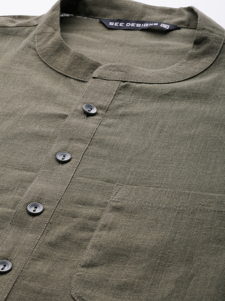Men Khaki Cotton Slub Straight Kurta With Pyjama