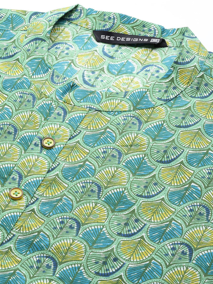 Multi Green Pure Cotton Straight Kurta With Pyjama