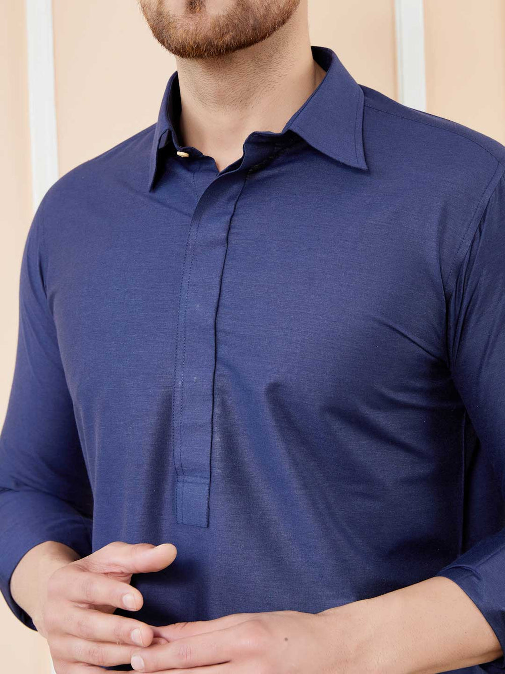 Navy Blue Cotton Solid Pathani Kurta with Pyjama – Navy