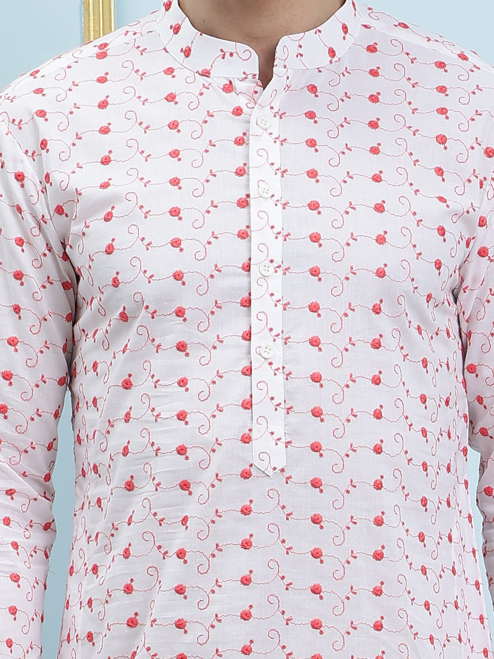Embroidered Pure Cotton Straight Kurta with Pyjama – White