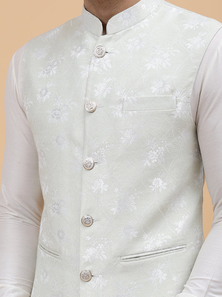 Pure Silk Kurta & Pyjama with Woven Jacquard Nehru Jacket