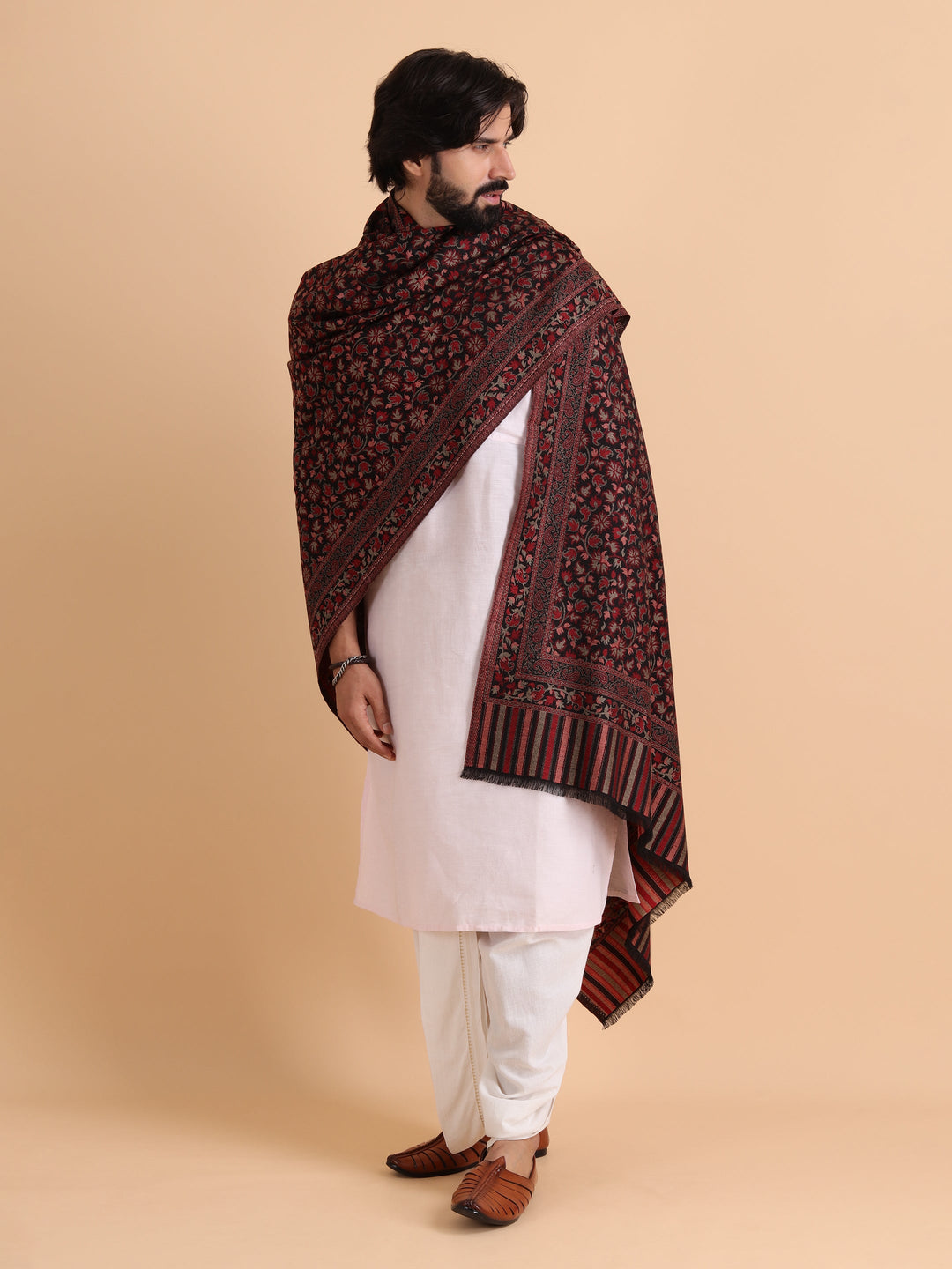 Tweedle Men’s Traditional Kani Shawl for Winters - Black, Size - 40 x 80 inches