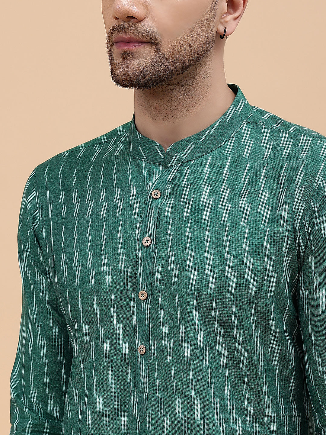 Men Green & White Pure Cotton Printed Straight Kurta