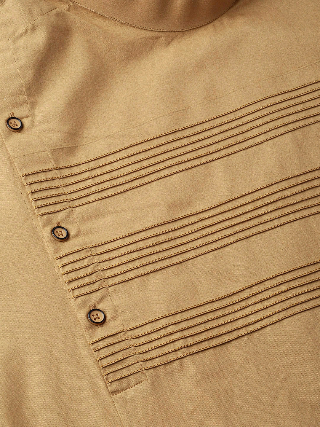 Khaki Solid Straight Kurta With Yoke Thread Work With Kurta Pyjama