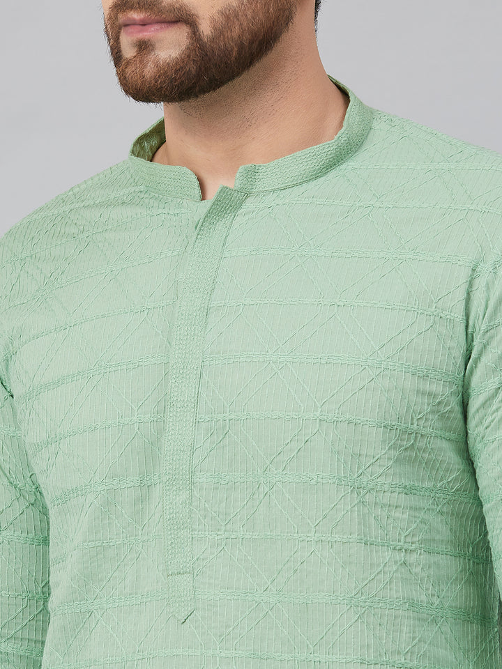 Men Green Chikankari Embroidered Woven Design Straight Kurta