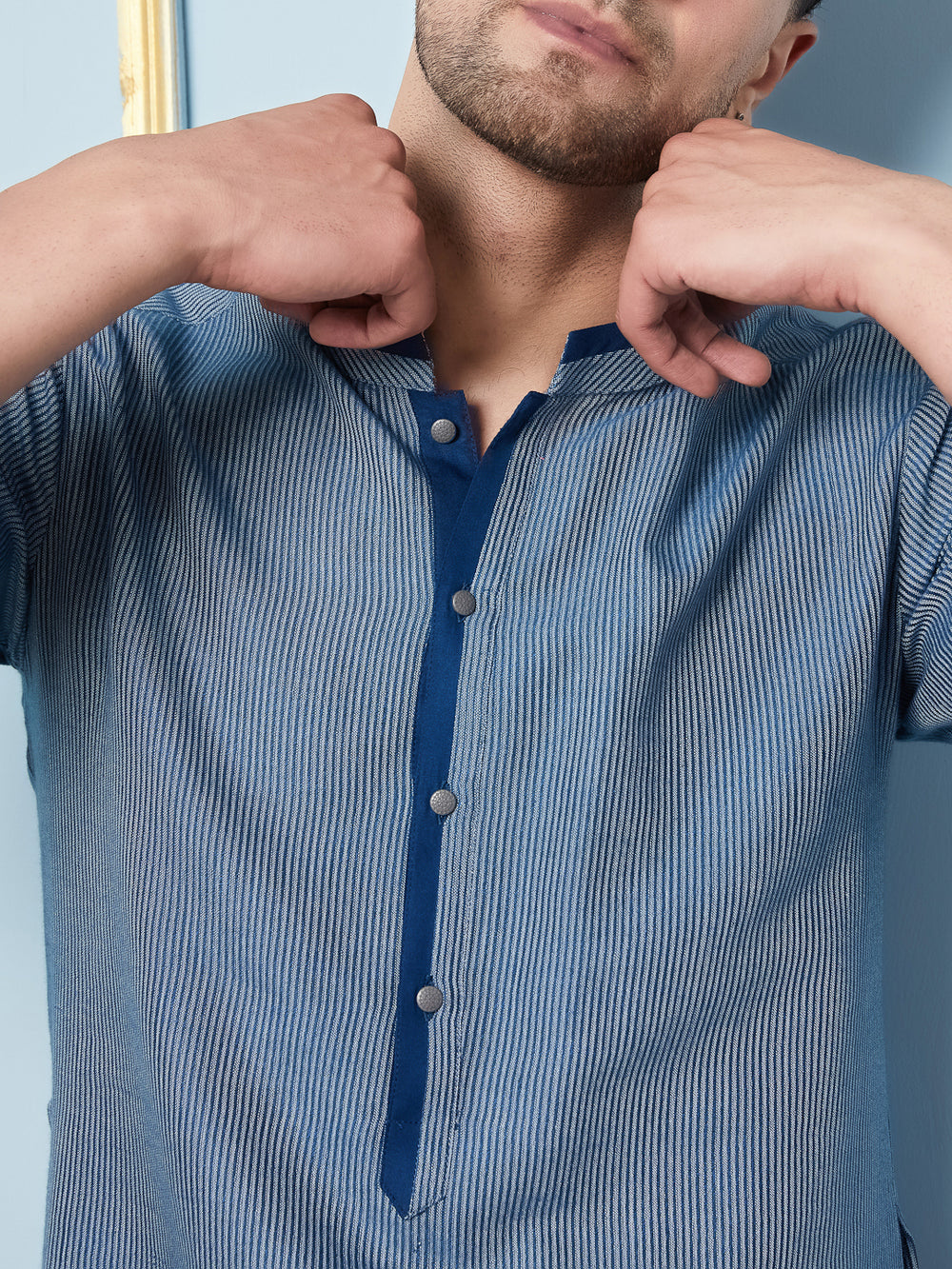 Blue Woven Striped Straight Kurta With Pyjama – Blue