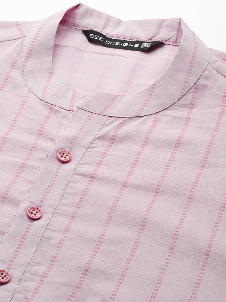 Men Pink & Maroon Stripe Printed Straight Kurta With Pyjama