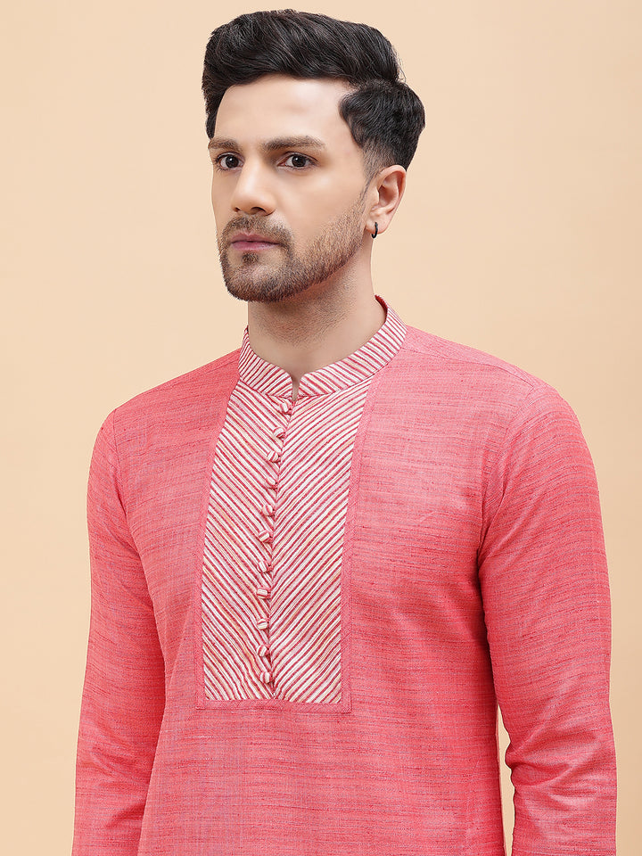 Men Pink & White Silk Woven Design Straight Kurta