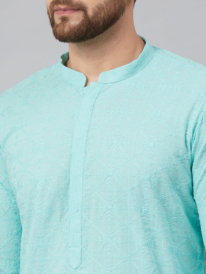 Men Turquoise Blue Chikankari Embroidered Woven Design Straight Kurta